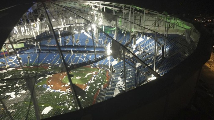 An aerial view of Tropicana Field's shredded roof in downtown St. Petersburg, Fla., in the wake of Hurricane Milton early Thursday, Oct. 10, 2024. (Max Chesnes/Tampa Bay Times via AP)