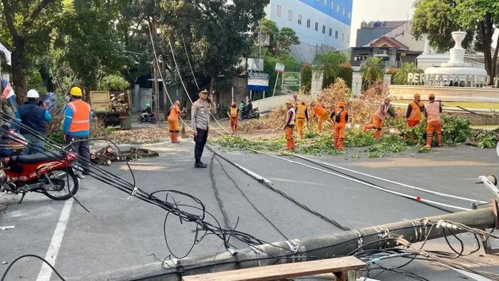 Tiang Listrik-Pohon Tumbang di Depan Komplek Jakbar, Lalin Sempat Macet