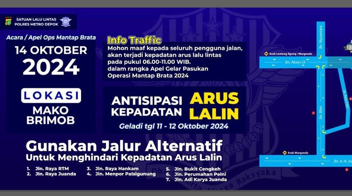 Ada gladi apel pasukan Operasi Mantap Brata di Mako Brimob, warga diimbau menggunakan jalur alternatif.