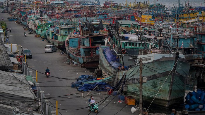 Sejumlah pengendara motor melintas di depan kapal yang bersandar di Pelabuhan Nizam Zachman, Muara Baru, Jakarta, Kamis (10/10/2024). Kementerian Kelautan dan Perikanan (KKP) mencatat perizinan berusaha aktif hingga Oktober 2024 sebanyak 14.386 unit kapal perikanan atau meningkat sekitar 19 persen dari tahun sebelumnya yang sebagian besar berasal dari kapal-kapal hasil migrasi. ANTARA FOTO/Fauzan/YU