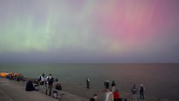 Orang-orang menyaksikan aurora borealis, yang juga dikenal sebagai cahaya utara, menerangi langit malam dari Montrose Point, Kamis, (10/10/2024), di Chicago. (Tyler Pasciak LaRiviere/Chicago Sun-Times via AP)  