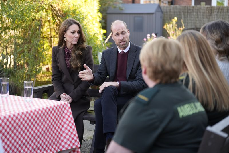 Britain's Kate, Princess of Wales, meets rescue workers and the families of those caught up in the Southport knife attack earlier this year in Southport, England, Thursday, Oct. 10, 2024. (Danny Lawson, Pool Photo via AP)