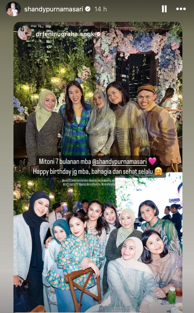 Acara mitoni 7 bulanan Shandy itu juga tampak ramai dihadiri oleh para rekan artis. Paula Verhoeven, Nagita Slavina, hingga Azizah Salsha terlihat turut hadir dan berpose bersama. Foto: Instagram/@shandypurnamasari
