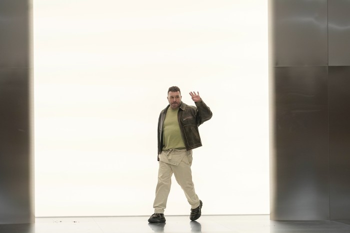 Designer Kim Jones accepts applause after the Fendi Haute Couture Spring-Summer 2024 collection presented in Paris, Thursday, Jan. 25, 2024. (AP Photo/Thibault Camus)