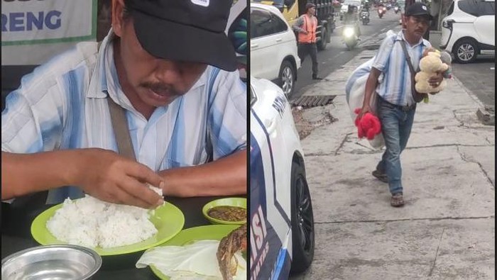 Mulia! Polisi Ini Traktir Makan Penjual Boneka yang Dagangannya Belum Laku