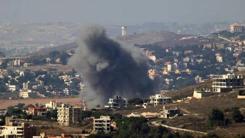 Smoke rises from the site of an Israeli airstrike that targeted the southern Lebanese viallge of Kfar Tibnit on October 11, 2024, amid the ongoing war between Hezbollah and Israel. (AFP)