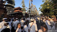 Penampakan Penjor Ngerebong yang berdiri disekitar area Pura Agung Petilan, Jalan WR Supratman, Denpasar Timur, Denpasar, Bali. Penjor ini memiliki ciri khas tersendiri yaitu tinggi (mencapai 13 meter) dan besar. (Foto: I Nyoman Adhisthaya Sawitra/detikBali)