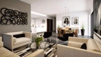 Tom Cruise membeli apartemen di lantai sembilan dan sepuluh di Skyview Tower. Ini desain interior ruang tamu di penthouse Tom Cruise. Tampak nuansa penthouse didominasi warna hitam, putih, dan abu-abu.
