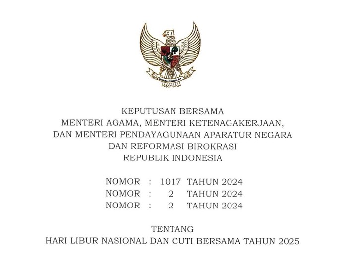 SKB 3 Menteri tentang Hari Libur Nasional dan Cuti Bersama Tahun 2025