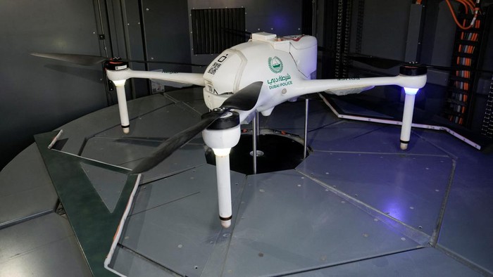 Dubai police drone takes off from the Drone Box system in a police station in Dubai, United Arab Emirates, October 10, 2024. REUTERS/Nabila Eltigi