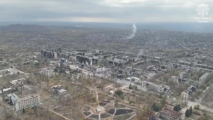 A drone view shows a damaged building in the aftermath of a strike, amid Russias attack on Ukraine, in Toretsk, Ukraine, October 15, 2024, in this still image obtained from a video. Patrol Police of Ukraine/Handout via REUTERS THIS IMAGE HAS BEEN SUPPLIED BY A THIRD PARTY. MANDATORY CREDIT. MUST NOT OBSCURE LOGO