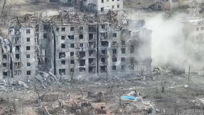 A drone view shows a damaged building in the aftermath of a strike, amid Russias attack on Ukraine, in Toretsk, Ukraine, October 15, 2024, in this still image obtained from a video. Patrol Police of Ukraine/Handout via REUTERS THIS IMAGE HAS BEEN SUPPLIED BY A THIRD PARTY. MANDATORY CREDIT. MUST NOT OBSCURE LOGO