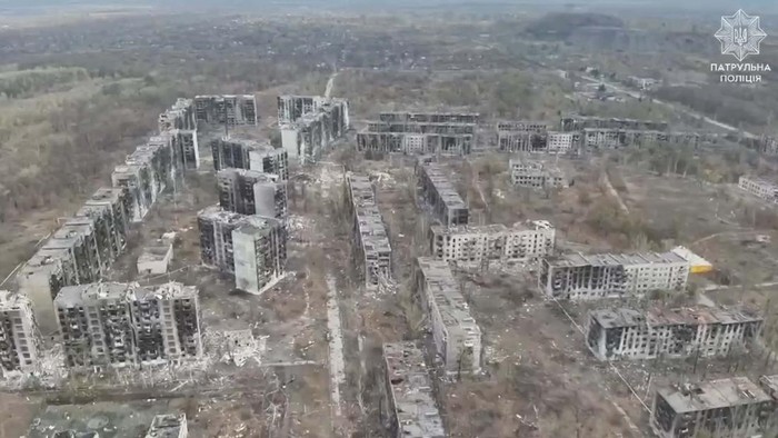 A drone view shows a damaged building in the aftermath of a strike, amid Russias attack on Ukraine, in Toretsk, Ukraine, October 15, 2024, in this still image obtained from a video. Patrol Police of Ukraine/Handout via REUTERS THIS IMAGE HAS BEEN SUPPLIED BY A THIRD PARTY. MANDATORY CREDIT. MUST NOT OBSCURE LOGO