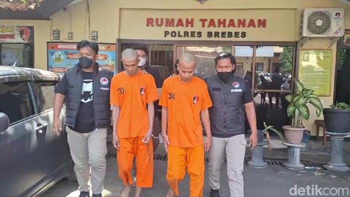 Pria inisial AH (kanan) yang membeli ganja untuk diberikan kepada teman-temannya saat pesta nikah, Rabu (16/10/2024). AH dan MH (pengedar, kiri) ditangkap Polres Brebes.