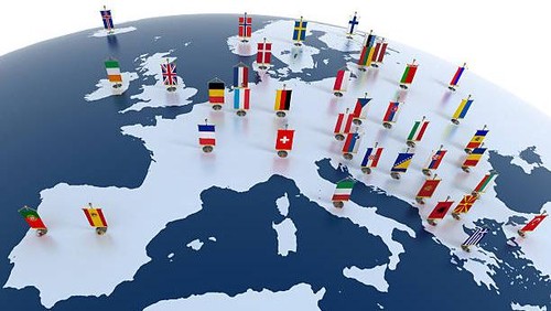 european countries 3d illustration - european continent marked with flags