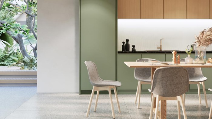 Ilustrasi warna cat dapur japandi terbaru scandinavian style apartment interior design, kitchen and dining room design, 3d background gaya desain Japandi