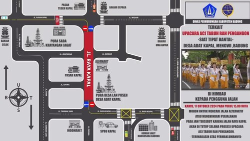 Skema pengalihan lalu lintas Denpasar-Gilimanuk, di Kelurahan Kapal, Kecamatan Mengwi, Badung, untuk Kamis (17/10/2023) sore. (Istimewa)