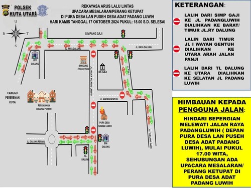 Skema pengalihan lalu lintas Jalan Raya Padang Luwih, Desa Dalung, Kuta Utara, Badung, serangkaian upacara Mesalaran, Kamis (17/10/2023) sore. (Istimewa)