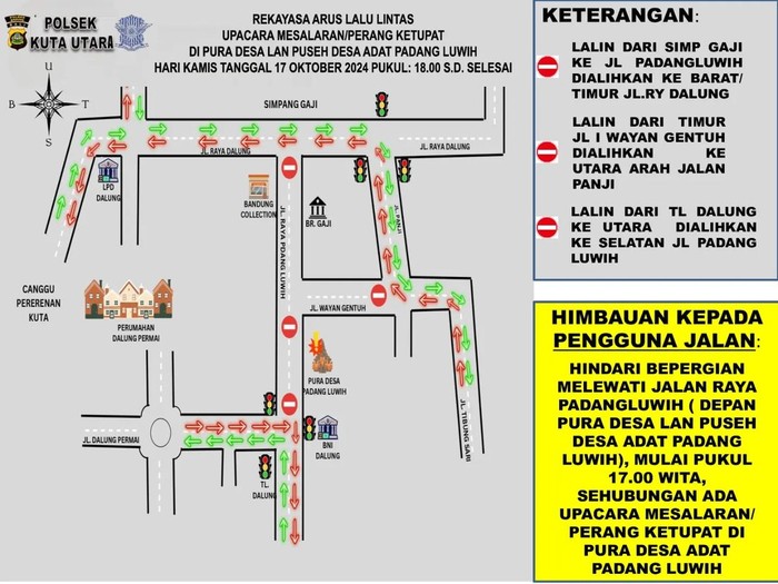Skema pengalihan lalu lintas Jalan Raya Padang Luwih, Desa Dalung, Kuta Utara, Badung, serangkaian upacara Mesalaran, Kamis (17/10/2023) sore. (Istimewa)