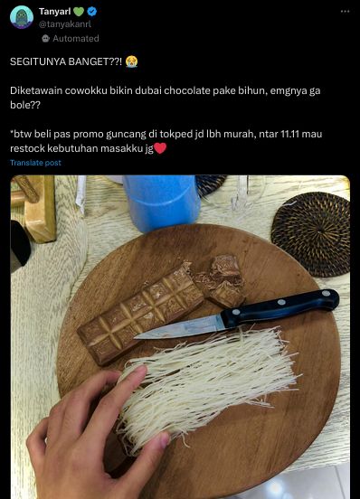 cokelat kunafa ekonomis, netizen bikin pakai bihun