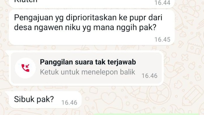 Tangkapan layar kiriman WA dari Kepala Dinas PUPR palsu