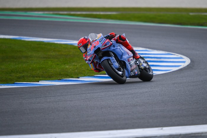 PHILLIP ISLAND, VICTORIA, AUSTRALIA - 2024/10/18: Marc Marquez of Spain seen in action during the MotoGP practice session on the day one of The Qatar Airways Australian Motorcycle Grand Prix 2024 at Phillip Island. The Qatar Airways Australian Motorcycle Grand Prix 2024 features the worlds best and emerging riders. Day one action saw some impressive performance in challenging conditions changing from pouring rain in the morning to bright sunny afternoon. Practice sessions included MotoGP category as well as Moto2 and Moto3. (Photo by Alexander Bogatyrev/SOPA Images/LightRocket via Getty Images)