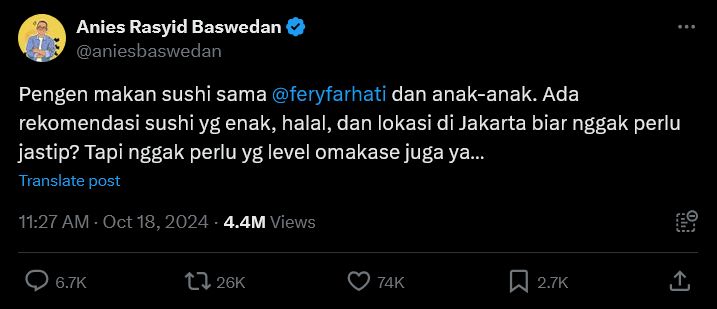 Rekomendasi sushi di Jakarta untuk Anies Baswedan
