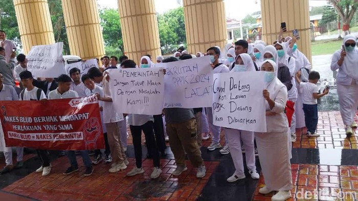 Demo nakes honorer di Kantor Gubernur Gorontalo meminta diangkat PPPK. Apris Nawu/detikcom
