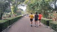 Sekelompok orang berolahraga jogging di taman pada pagi hari