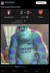 Bournemouth berhasil mengalahkan 10 pemain Arsenal 2-0. Satu pemain The Gunners yang dapat kartu merah adalah William Saliba. Berikut deretan meme kekalahannya.
