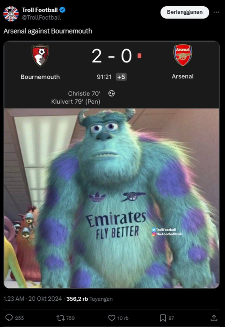 Bournemouth berhasil mengalahkan 10 pemain Arsenal 2-0. Satu pemain The Gunners yang dapat kartu merah adalah William Saliba. Berikut deretan meme kekalahannya.