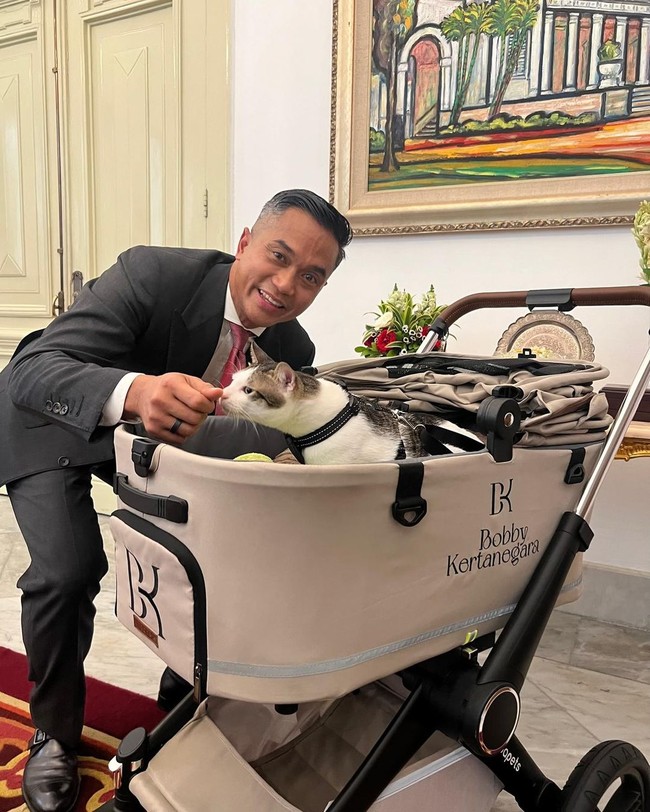 Tak sedikit pula netizen yang salah fokus dengan pet stroller, tumpangan Bobby di Istana Kepresidenan. Harganya dinilai fantastis, mencapai belasan juta rupiah. Foto: (Dok. Instagram Anindya Bakrie)