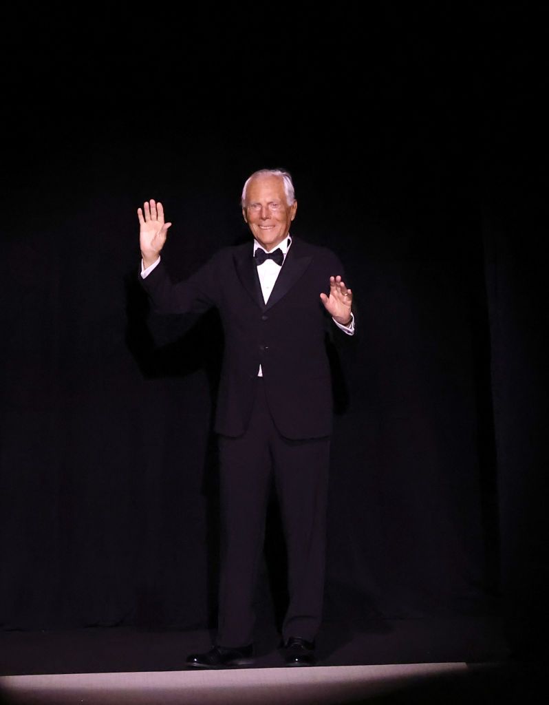 NEW YORK, NEW YORK - OCTOBER 17: Giorgio Armani poses on the runway during Giorgio Armani S/S 2025 fashion show on October 17, 2024 in New York City. (Photo by Mike Coppola/Getty Images)