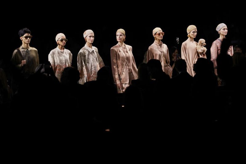 Models on the runway at the Giorgio Armani RTW Spring 2025 fashion show at the Park Avenue Armory on October 17, 2024 in New York, New York.. (Photo by Lexie Moreland/WWD via Getty Images)