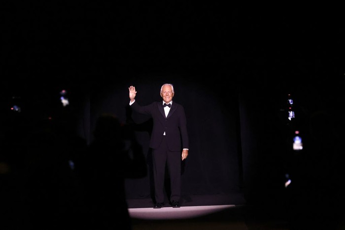 NEW YORK, NEW YORK - OCTOBER 17: Giorgio Armani poses on the runway during Giorgio Armani S/S 2025 fashion show on October 17, 2024 in New York City. (Photo by Mike Coppola/Getty Images)