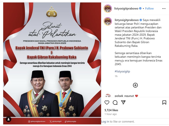 Kapolri Jenderal Listyo Sigit Prabowo mengunggah ucapan selamat pada Presiden Prabowo Subianto dan Wapres Gibran Rakabuming Raka.