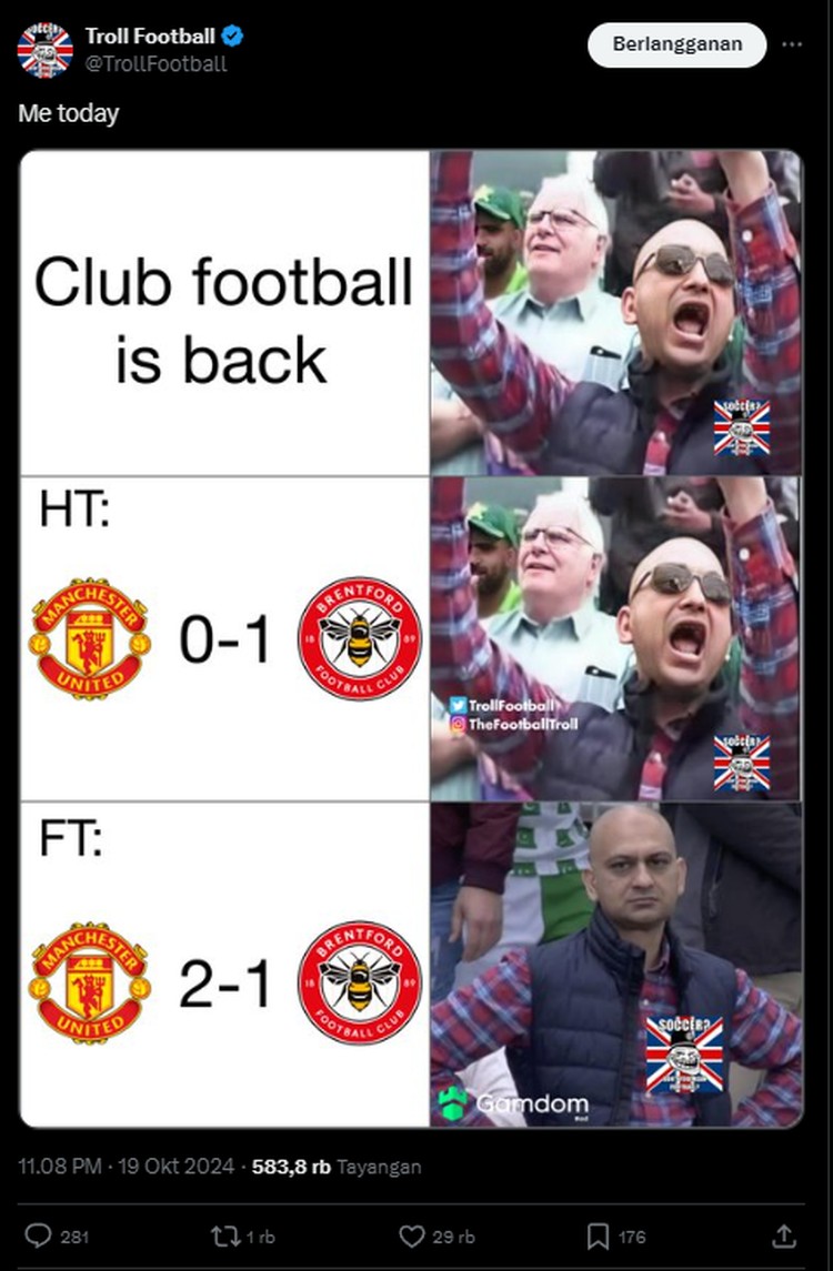 Meme Man United Comeback, Menang 2-1 dari Brentford Manchester United mengakhiri puasa kemenangan di Liga Inggris. Mereke berhasil menang 2-1 dari Brentford. Berikut sederet meme kemenangannya.