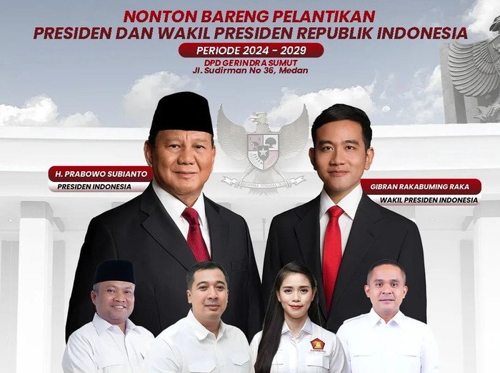 Partai Gerindra Sumut bakal menggelar nonton bareng pelantikan Presiden dan Wakil Presiden hari ini