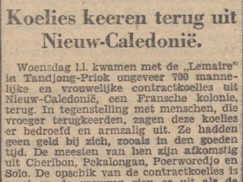 Surat kabar De Tribune edisi 12 Juni 1934 menceritakan tentang nasib kuli atau TKI asal Cirebon dan daerah lainnya yang bekerja di Kaledonia Baru.