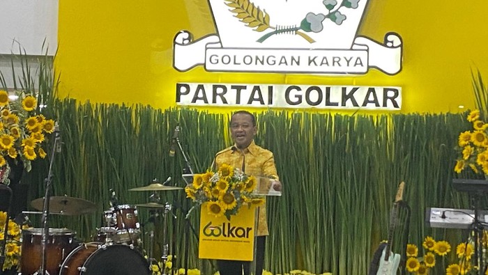 Ketum Partai Golkar, Bahlil Lahadalia, di acara Syukuran HUT Partai Golkar ke-60, Senin (21/10/2024).