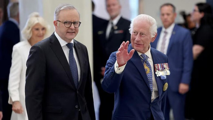 CANBERRA, AUSTRALIA - OCTOBER 21: King Charles III and Queen Camilla visit the Australian Parliament House with Australian Prime Minister Anthony Albanese on October 21, 2024 in Canberra, Australia. Chris Jackson/Pool via REUTERS Purchase Licensing Rights