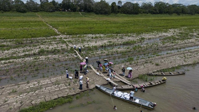 Signs of drought are visible on the Amazon River, near Leticia, Colombia, Sunday, Oct. 20, 2024. (AP Photo/Ivan Valencia)