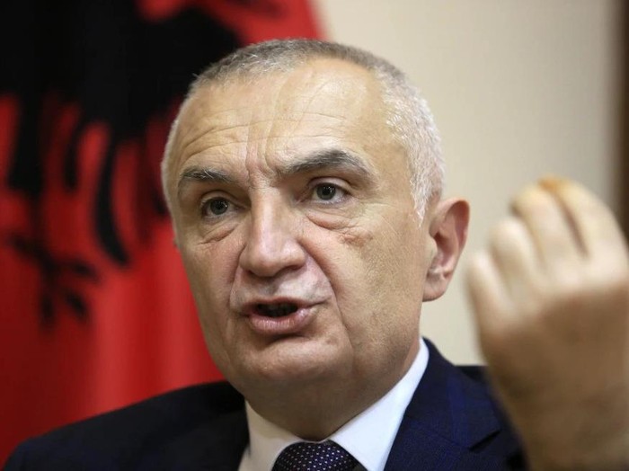 FILE - Albanian President Ilir Meta speaks during an interview with the Associated Press in Tirana, Albania, on April 21, 2021. (AP Photo/Hektor Pustina, File)