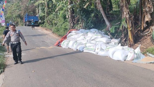 Satu unit truk mengalami kecelakaan karena tak kuat menanjak di Cariu, Bogor, Jawa Barat. Truk pengangkut pakan ternak itu lalu mundur dan menimpa pikap. (dok Istimewa)