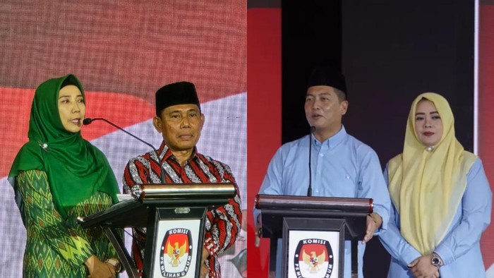 Kolase foto paslon nomor urut 1 Sitti Rohmi Djalillah-Musyafirin (kiri) dan Lalu Muhamad Iqbal-Indah Dhamayanti Putri (kanan) saat debat perdana Pilgub NTB 2024 di Mataram pada Rabu (23/10/2024). (Foto: Helmy Akbar/detikBali)