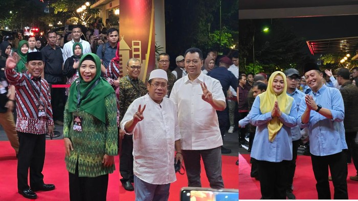 Kolase pose tiga paslon Pilgub NTB saat tiba di arena debat perdana di Hotel Lombok Raya Mataram pada Rabu (23/10/2024) malam. (Foto: Helmy Akbar/detikBali)