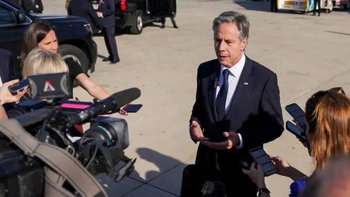 US Secretary of State Antony Blinken speaks with members of the media at Ben Gurion International Airport before departing for Riyadh, Saudi Arabia, in Tel Aviv, Israel, on October 23, 2024. (Reuters)
