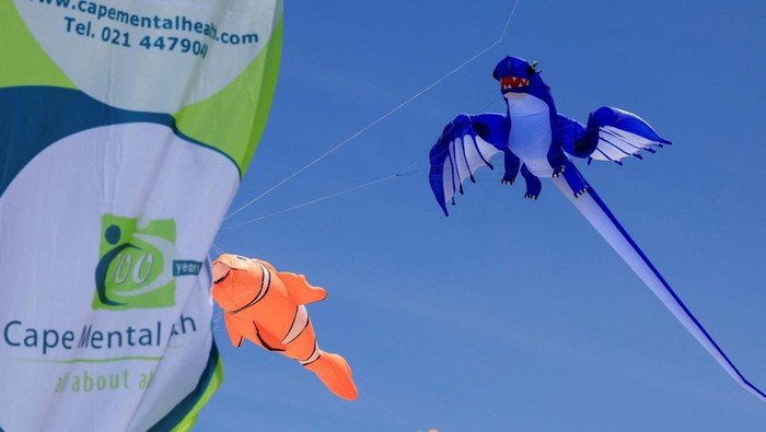 Kites fly during a practice run at Dolphin Beach ahead of this weekend's 30th Cape Town International Kite Festival, an awareness campaign for World Mental Health Day where kite enthusiasts gather to fly colourful kites to raise funds for mental health support, in Cape Town, South Africa, October 22, 2024. REUTERS/Esa Alexander