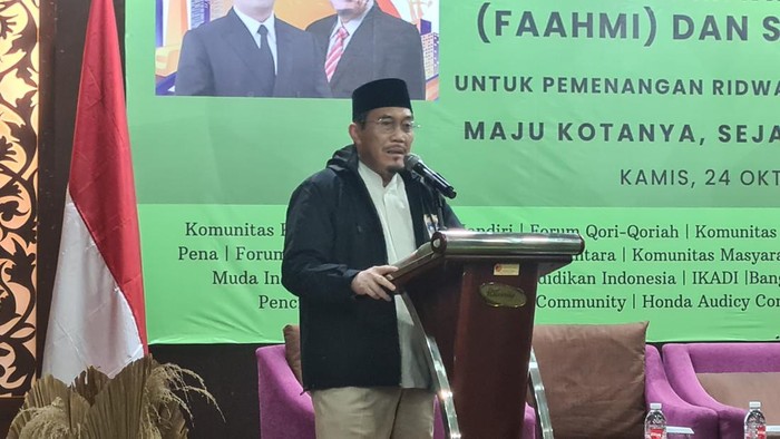 Cawagub nomor urut 1, Suswono, di Deklarasi Forum Aktifis Alumni HMI (FAAHMI) dan Sahabat RIDO di Hotel Balairung, Jakarta Timur, Kamis (24/10/2024).