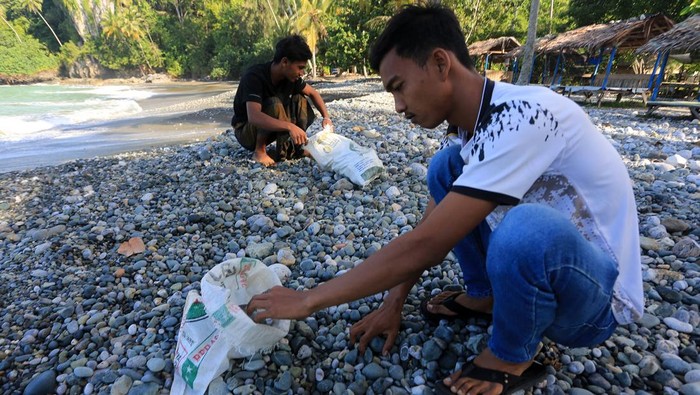 Sejumlah warga mengumpulkan batu putih hiasan di pinggir pantai Desa Lhok Aman,Kecamatan Meukek, Aceh Selatan, Aceh, Jumat (25/10/2024). Dalam sehari warga setempat mampu mengumpulkan batu putih yang biasa digunakan sebagai batu hiasan taman dan kuburan sebanyak tiga hingga lima karung batu yang kemudian dijual Rp15 ribu hingga Rp50 ribu per karung ukuran 15 kg tergantung besar kecil ukuran batu. ANTARA FOTO/Syifa Yulinnas/foc.
